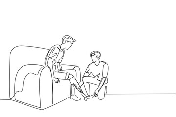Continuous line drawing illustrating World Day for Assistive Technology, showing a man helping another man with prosthetic leg fitting on sofa. Show support, innovation, and care in health concept.