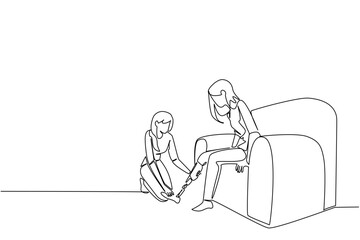 Continuous line draw of World Day for Assistive Technology, featuring a woman assisting another woman with prosthetic leg on sofa. Show inclusion, care, health innovation, and accessibility concept.