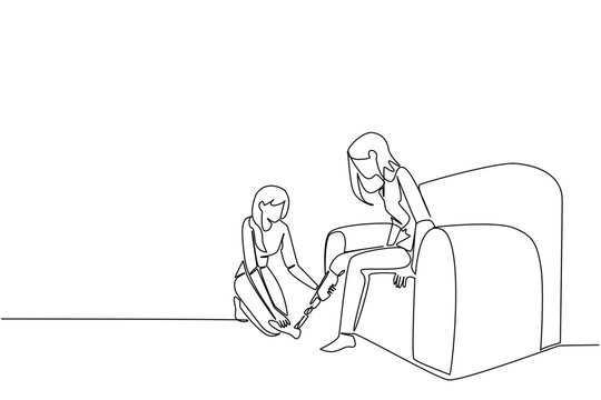 Continuous line draw of World Day for Assistive Technology, featuring a woman assisting another woman with prosthetic leg on sofa. Show inclusion, care, health innovation, and accessibility concept.