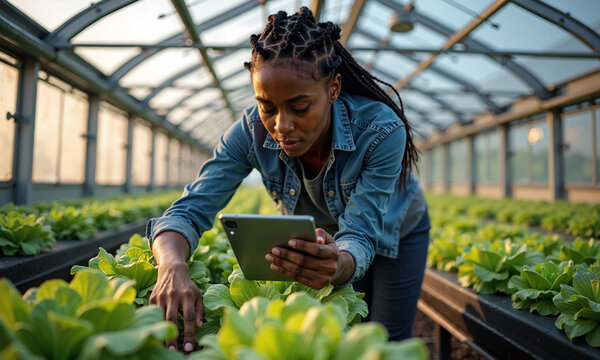 Female farmer examining plants in greenhouse