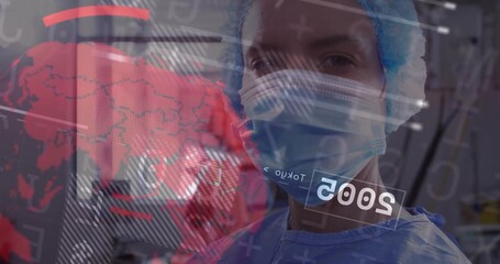 Standing surgeon wearing bouffant cap, mask, blue gown in OR with Tokyo 2005 overlay, copy space