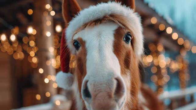 Close-up view of a horse wearing a Santa hat with blurred festive lights in the background.