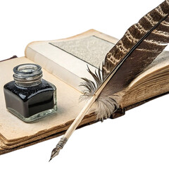 old book with feather pen on transparent background