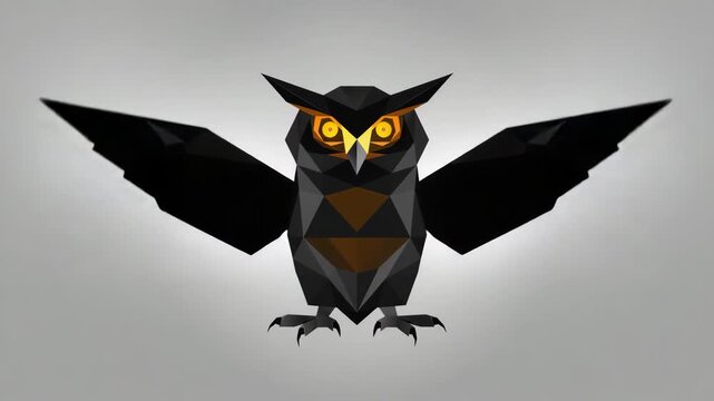 Low Poly Black Owl with Spread Wings and Yellow Eyes Geometric Nocturnal Mascot