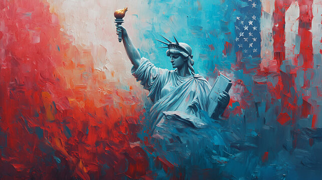 Artistic interpretation of the statue of liberty with american flag background