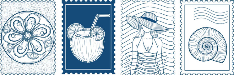 Stylized summer travel stamp set with citrus fruit, coconut drink, seashell, and minimal figure for tropical vacation and beach themes © Vex flow