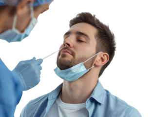 Performing a nasopharyngeal swab test on a male patient for virus detection in isolated