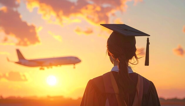A graduate gazes at a departing airplane during a warm sunset, symbolizing new beginnings and opportunities.