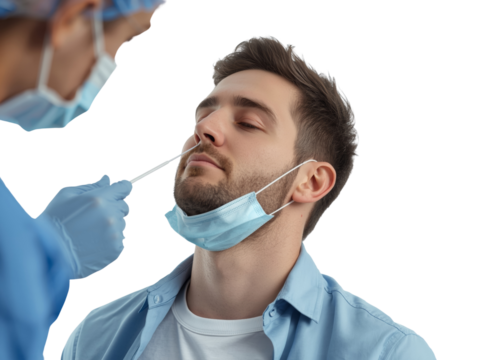 Performing a nasopharyngeal swab test on a male patient for virus detection in isolated