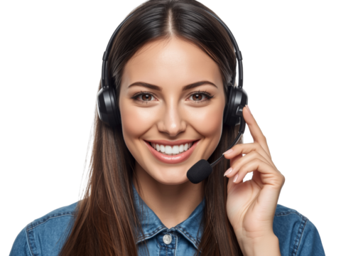 Isolated smiling woman with headset providing customer service with transparent space perfect for