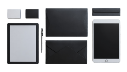 Flat lay of business essentials.  Organized collection of black leather envelopes, tablet, pen, and cards.  Minimalist, modern design