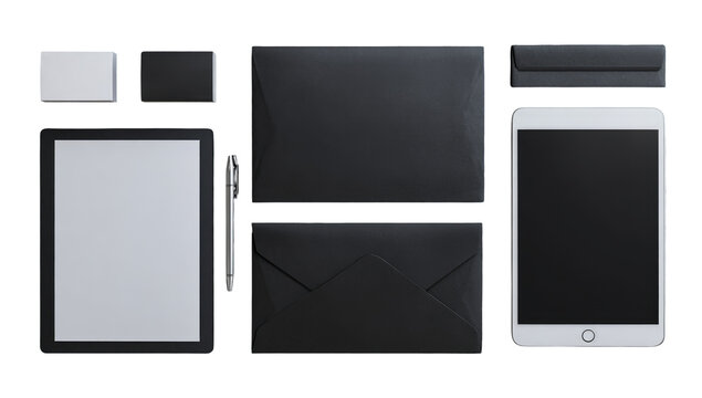 Flat lay of business essentials.  Organized collection of black leather envelopes, tablet, pen, and cards.  Minimalist, modern design