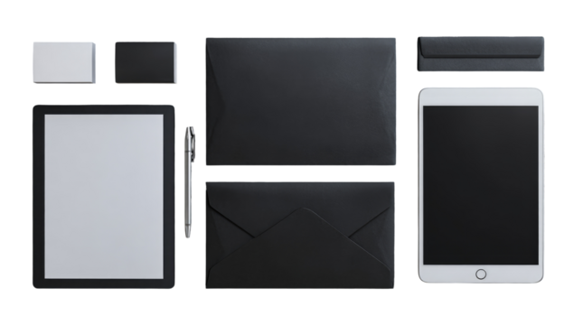 Flat lay of business essentials.  Organized collection of black leather envelopes, tablet, pen, and cards.  Minimalist, modern design