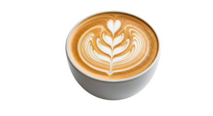 Closeup of a delicious latte art coffee in a white cup isolated on transparent background, showcasing intricate patterns and rich, creamy texture