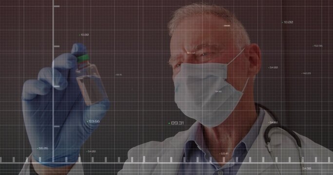 Inspecting doctor wearing mask gloves stethoscope holding vial in clinical lab with data overlay