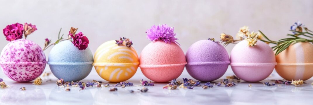 Colorful bath bombs adorned with flowers arranged on a white surface