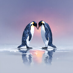 Obraz premium Two Emperor penguins sharing an affectionate moment on a frozen landscape at twilight, reflecting on the icy surface