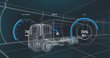 Rendering wireframe truck model moving in grid space, with gauges, navigation and info overlays