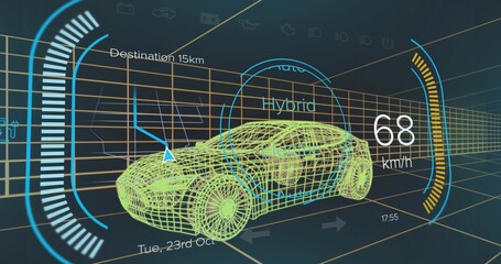 Displaying neon yellow wireframe car in grid interface, with speedometer and navigation arrow