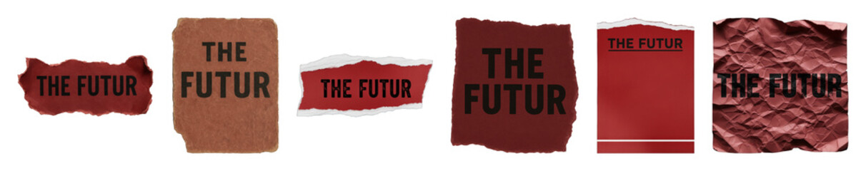 Distressed paper elements set including various shapes, textures, and red and brown colors isolated. Graphic design resources and creative assets.