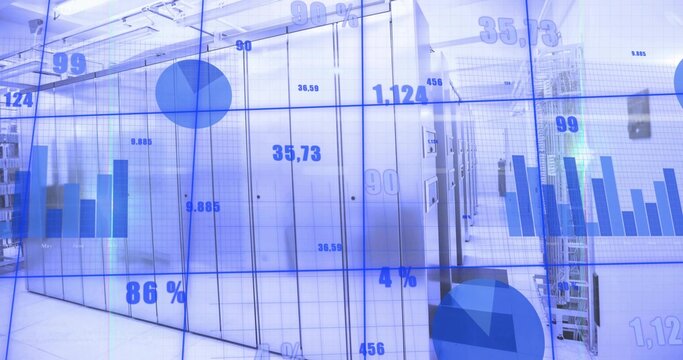 Displaying row of white server cabinets lining data center corridor, with digital charts overlay
