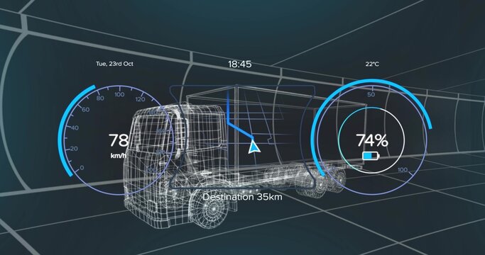 Rendering wireframe truck model moving in grid space, with gauges, navigation and info overlays - Powered by Adobe