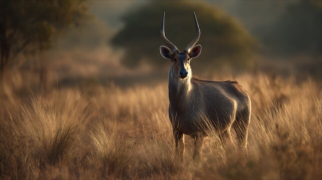 Majestic swamp deer standing tall in a golden field, illuminated by the warm glow of the setting sun