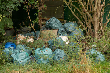Large pile of green plastic garbage bags stacked in a backyard overgrown with weeds.