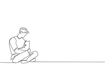 A one line drawing art of a young man sitting cross-legged while hugging his cat, created for National Hug Your Cat Day, symbolizing relaxation, bond, and emotional support in pet concept.