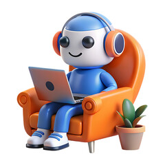Cute robot character sitting in orange armchair using laptop with headphones on and small plant nearby