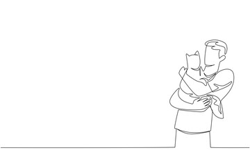 A continuous line drawing vector of a young man hugging his cat closely, made for National Hug Your Cat Day, showing affection, trust, and warmth in a minimalist pet care concept artwork.