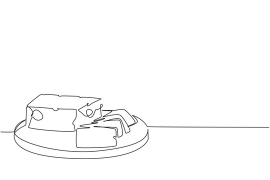 One line drawing of cheese slice with cubes on a plate, created as a food concept illustration for National Cheese Day celebration, highlighting dairy industry and minimalist design style.