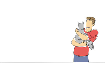 Obraz premium Continuous line drawing illustration for National Hug Your Cat Day featuring a smiling young man hugging his cat, highlighting the warmth of human-animal bond in a lifestyle concept.