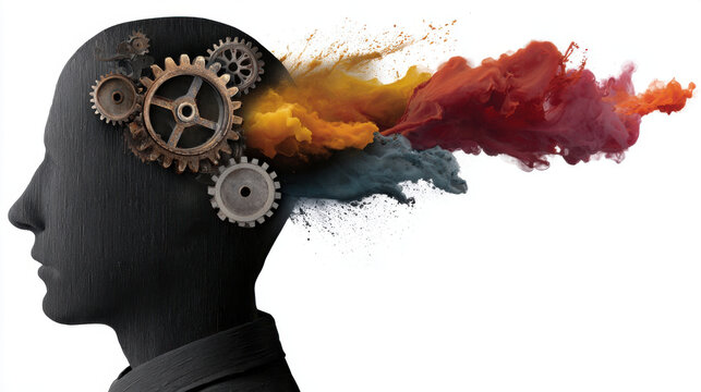 Gears and colorful smoke transforming human thought process