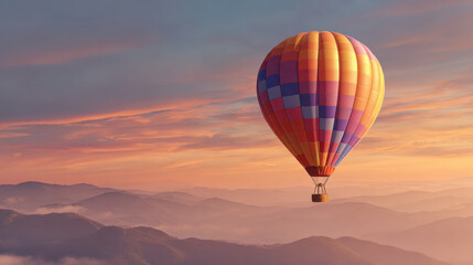 Fototapeta premium Hot air balloon flying over misty mountains at sunset