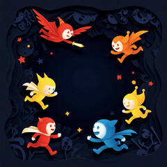 Magical paper cut illustration of smiling fantasy creatures running in a dark, layered forest with twinkling stars, creating a whimsical and dreamy frame