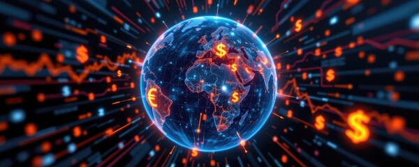 Obraz premium Global Currency Exchange Network Represented by Earth with Financial Symbols and Data Streams