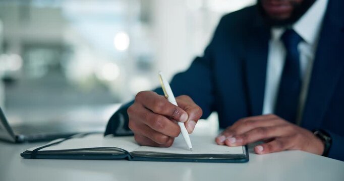 Hands, business man or writing in notebook for case study notes, contract review or online policy. Professional, lawyer or technology with information at law firm for legal research or court schedule