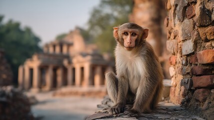 Naklejka premium A rhesus macaque monkey sitting on a stone wall, looking at the camera with a curious expression