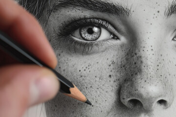 Hand holding pencil drawing portrait of woman. Leisure activity and hobby concept.