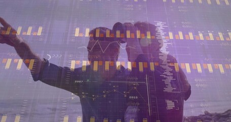 Scanning horizon through binoculars, couple embracing on coastal shore at dusk with data overlays