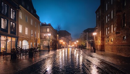 dark street at night with wet asphalt