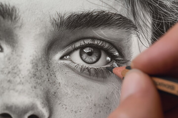 Hand holding pencil drawing portrait of woman. Leisure activity and hobby concept.