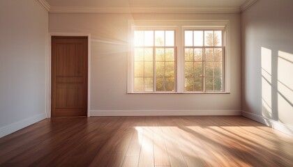 Fototapeta premium empty room with sunlight streaming through a window and door ideal for interior design presentations or real estate marketing