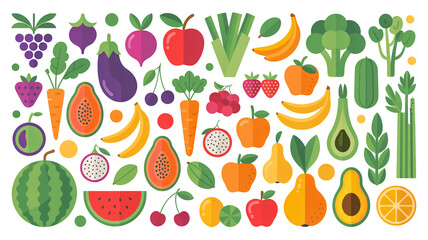 A vibrant illustration of various fruits and vegetables arranged in a scattered pattern against a white background.