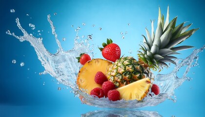 a splash of water with a pineapple strawberries and raspberries blue background