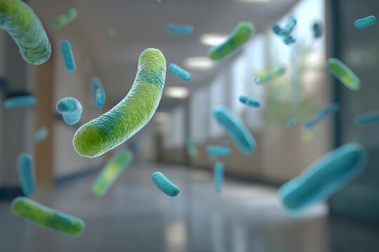 The spread of germs and the importance of hygiene in medical facilities are illustrated by a hospital corridor scene featuring floating bacteria particles