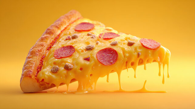 Slice of pepperoni pizza with melted cheese dripping on yellow background - Powered by Adobe