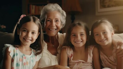 Lovely family time. Older woman smiling and embracing younger girl, auntie holding hand of young child.