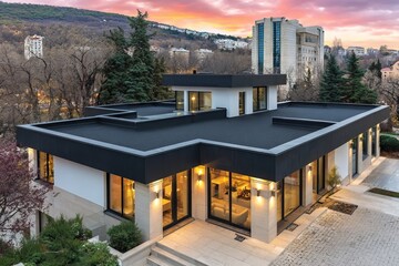 Obraz premium At sunset, a sleek and modern flat roof is captured in all its beauty, with its contemporary architecture and elegant lines standing out against a breathtaking natural and skyward setting